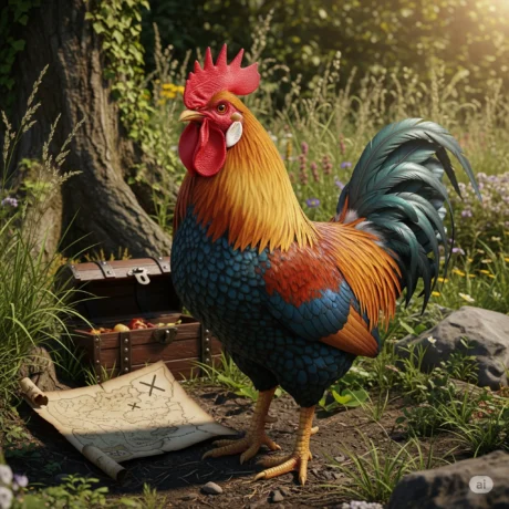 خروس سفید در حال جستجوی گنج در یک منطقه باستانی – نماد گنج‌یابی سنتی در ایران