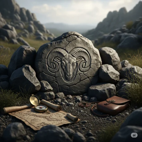 نماد قوچ در گنج یابی روی صخره کوهستانی