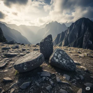 نمای نزدیک ازسه سنگ دفينه يابي به شکل مثلث روی زمین
