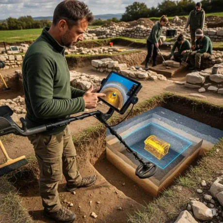 تصویری از دقیق‌ترین دستگاه گنج یاب در حال کاوش در زمین سنگی