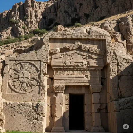 شانه‌های ورودی اتاقک دفینه روی سنگ حکاکی‌شده