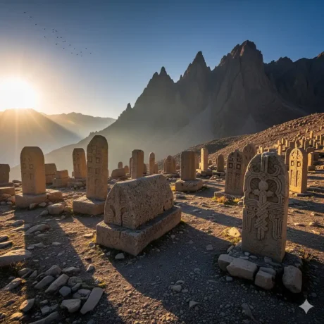 تصویر سنگ چین قبر گبری در کوهستان با چینش منظم سنگ‌ها