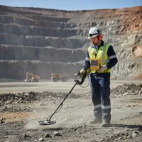 اپراتور در حال استفاده از دستگاه فلزیاب برای شناسایی مواد معدنی