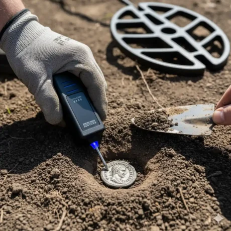 نمای نزدیک از کویل یا لوپ فلزیاب هنگام بررسی حساسیت در شرایط مختلف خاک