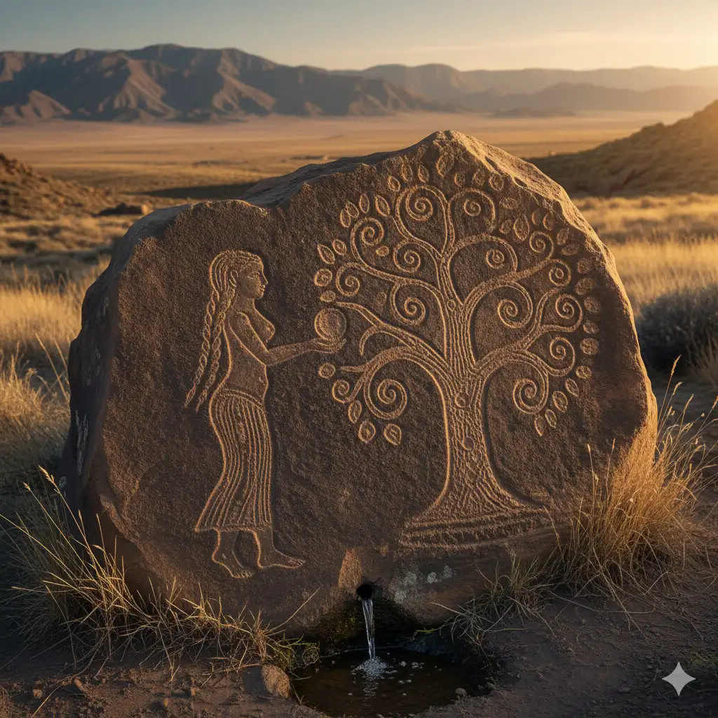 نماد زن در گنج‌یابی روی سنگ باستانی