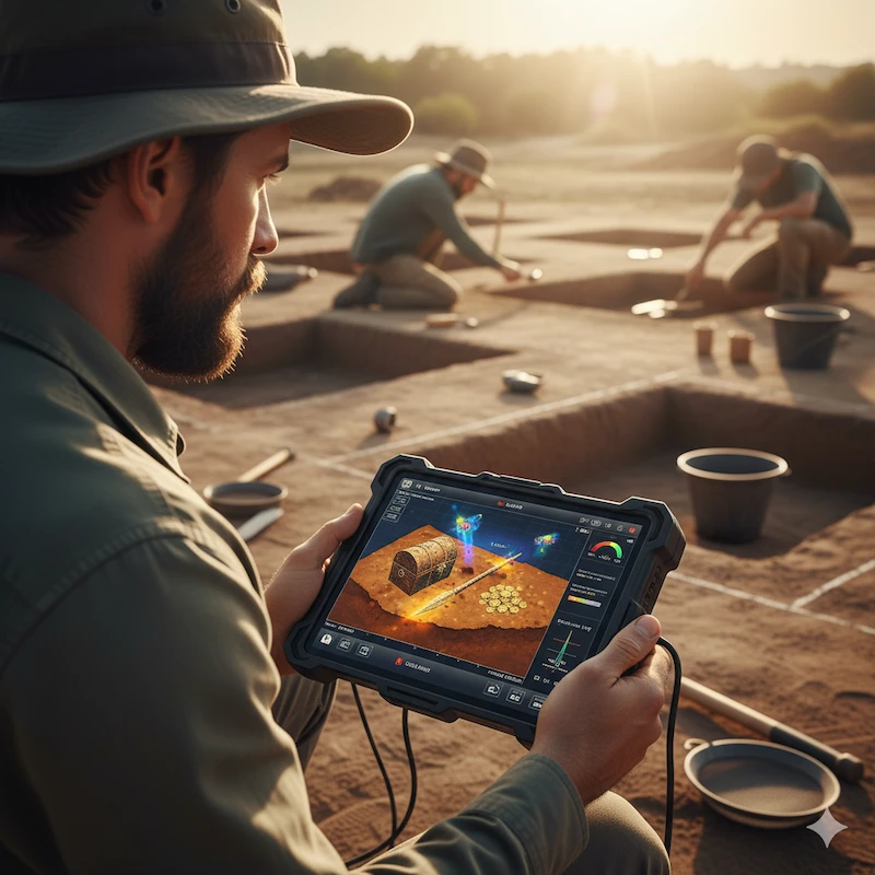 دستگاه فلزیاب تصویری با نمایشگر سه‌بعدی در حال اسکن زمین