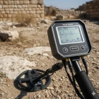 کاربر در حال تست دستگاه فلزیاب پالسی با تنظیم فرکانس ۱۰۰ PPS